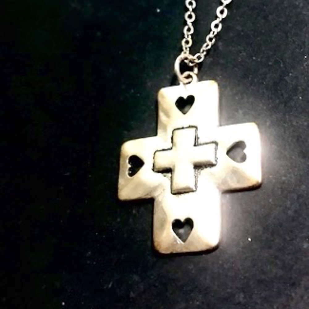 SilverTone Cross w Heart CutOuts Necklace